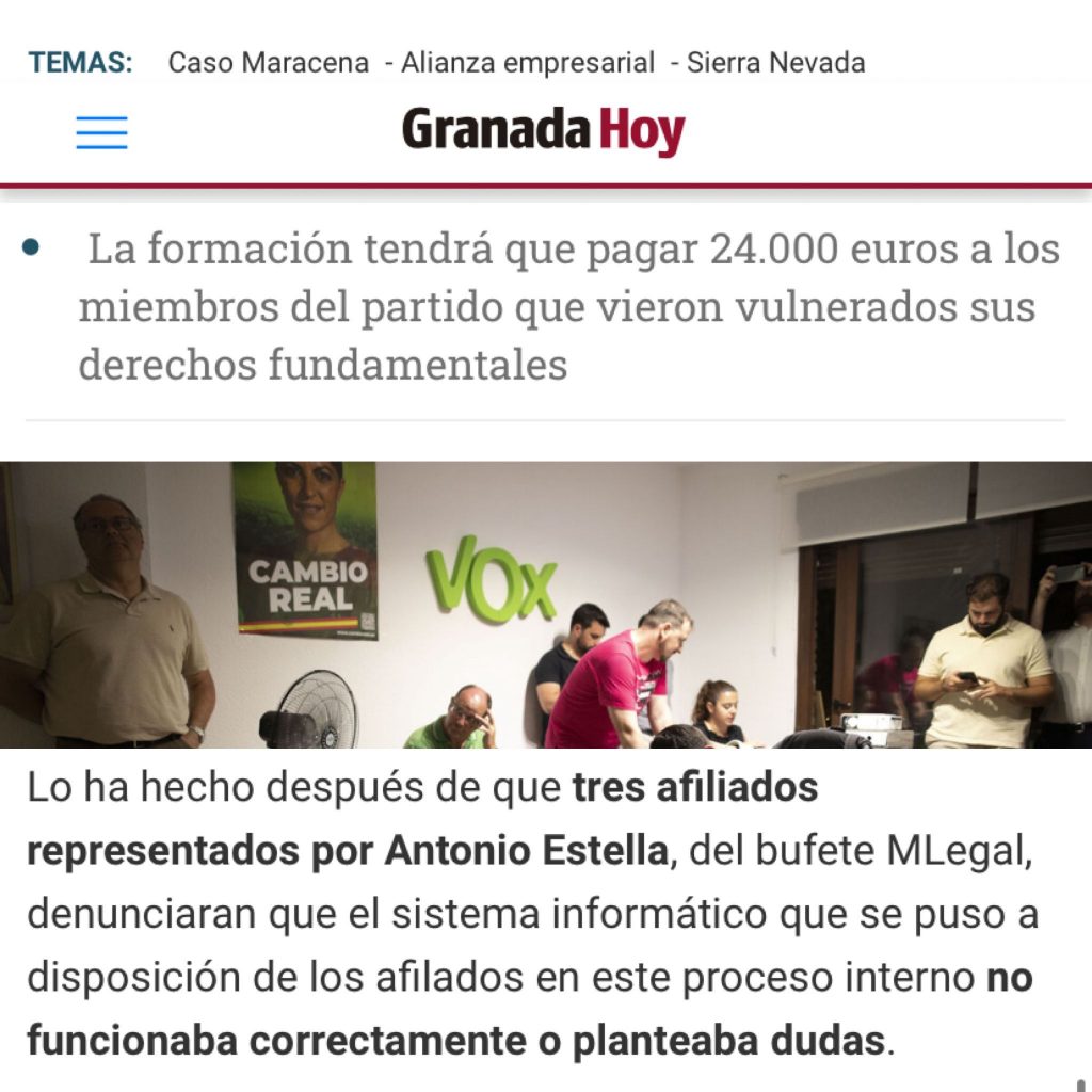 Artículo en Granda Hoy- Condenan a Vox a indemnizar a tres afiliados por irregularidades en las Primarias
