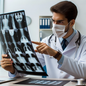 Foto de un especialista médico examinando radiografías y pruebas médicas relacionadas con un accidente de tráfico. El médico señala áreas específicas