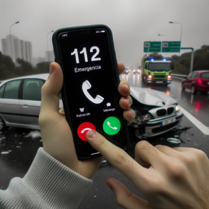 Foto de una persona realizando una llamada de emergencia (112) desde su teléfono móvil, mostrando preocupación mientras se encuentra en la escena de u